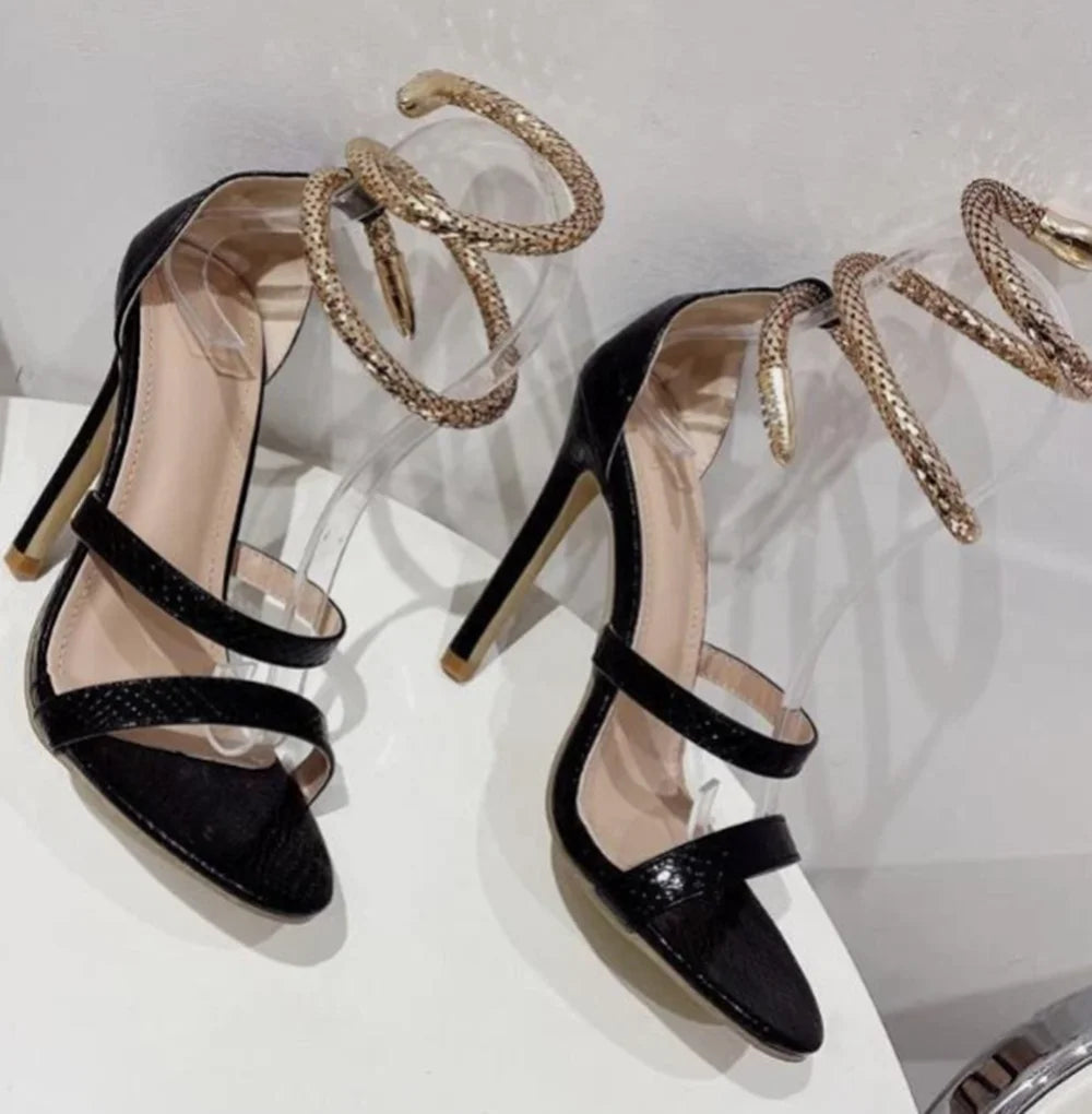 Gold Snake Embossed Ankle Wrap Sandals