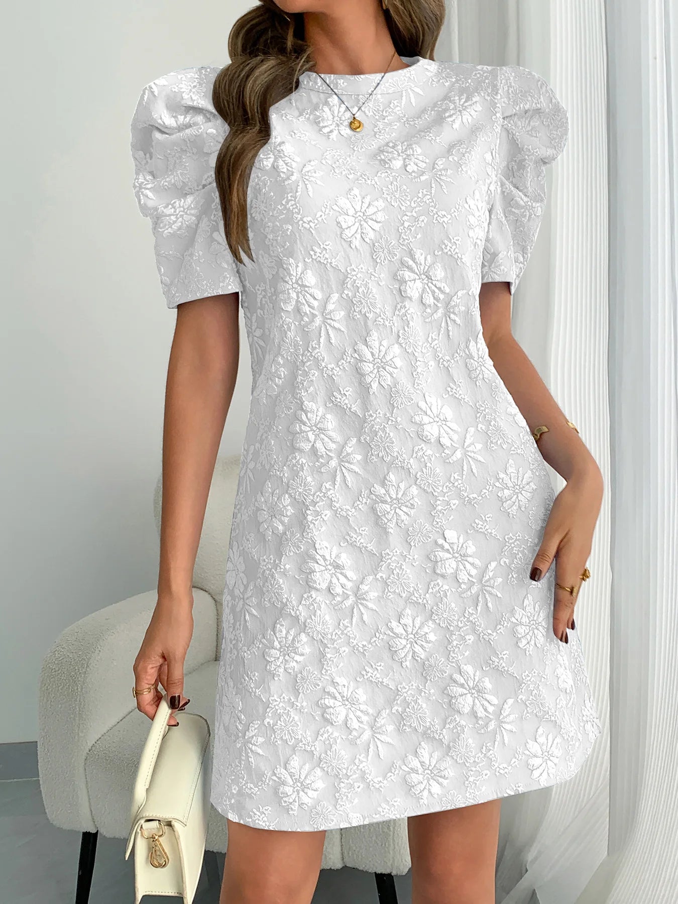 Textured Jacquard Puff Sleeve Midi Dress for Women