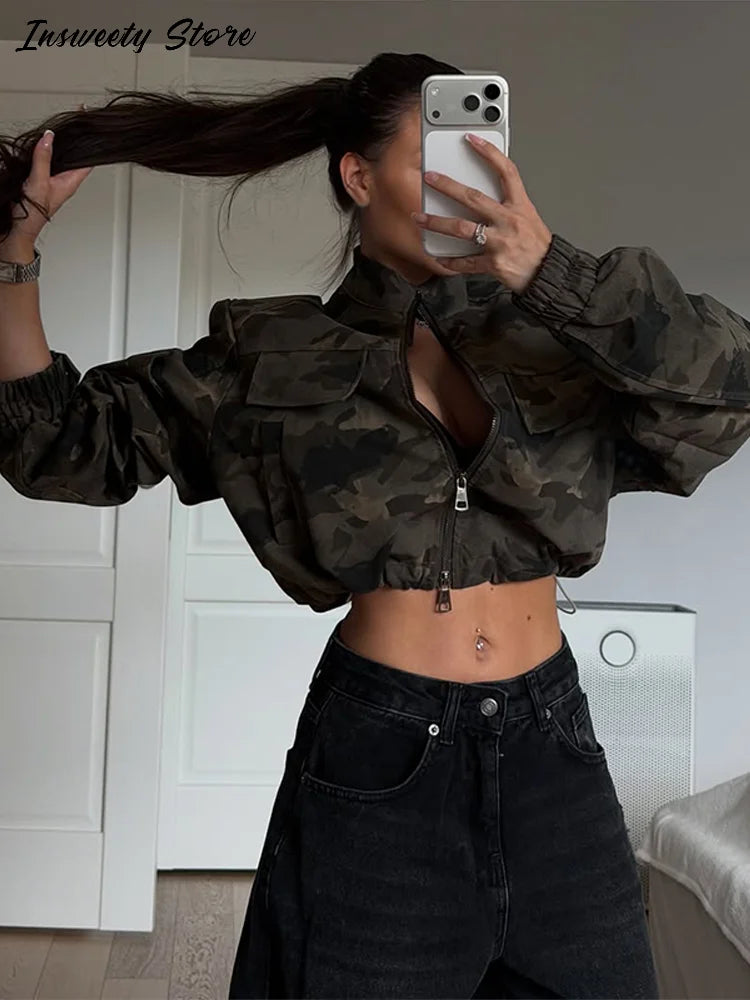 Y2K Camouflage Cropped Zip Jacket With Stand Collar for Women