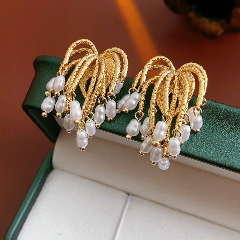 Simulated Pearl Tassel Drop Earrings