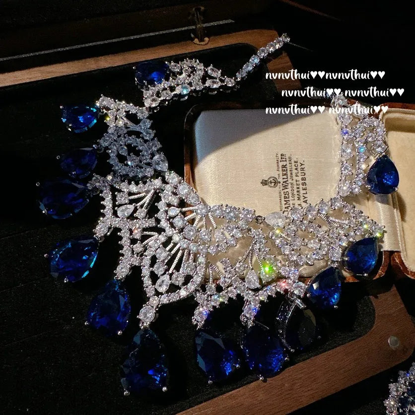 Royal Blue Teardrop Zircon Necklace and Earring Set for Women