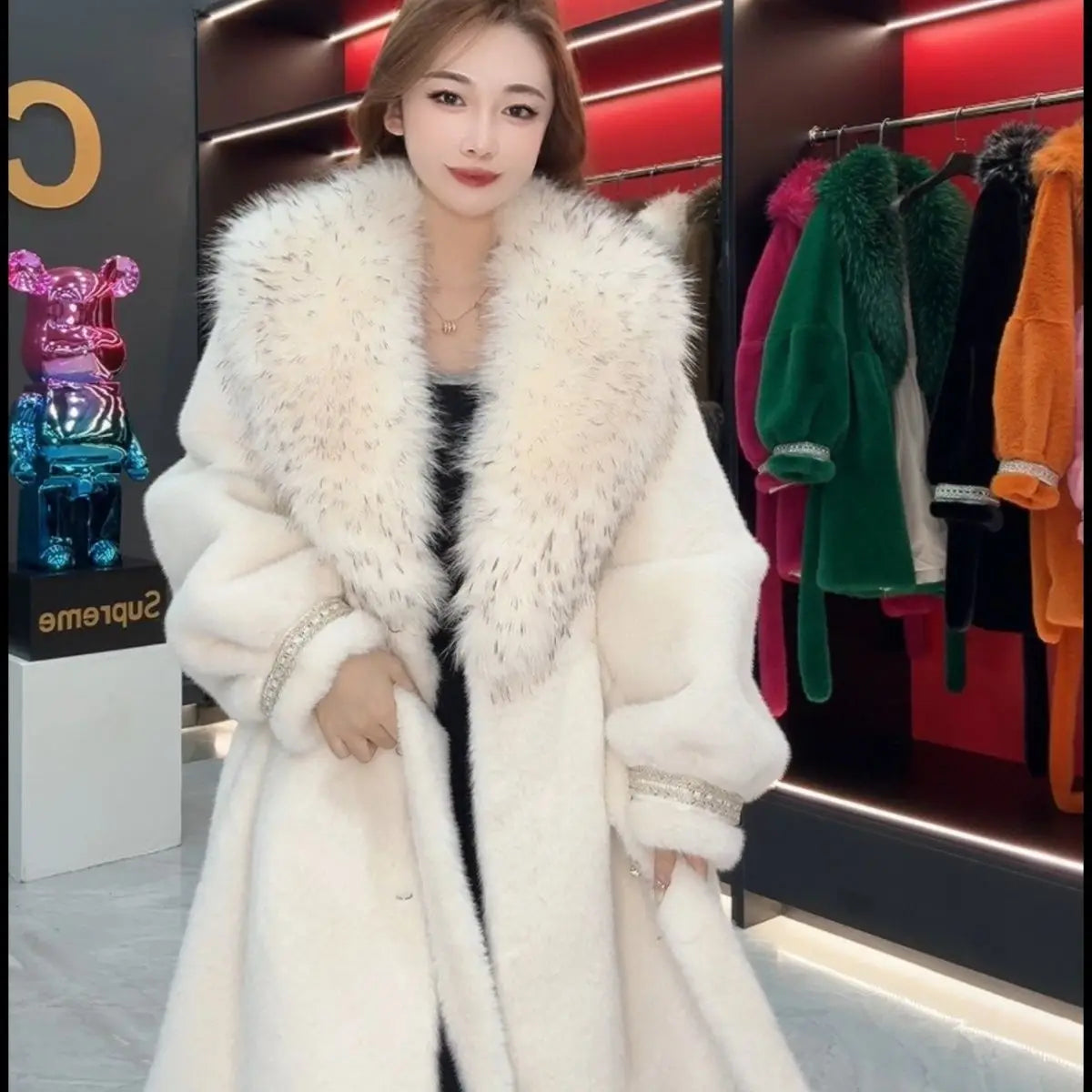 Faux Fur Coat for Women,Turn-down Collar,Loose Thicken Warm Jacket,Female Clothes,Adjustable Waist,New ,Winter
