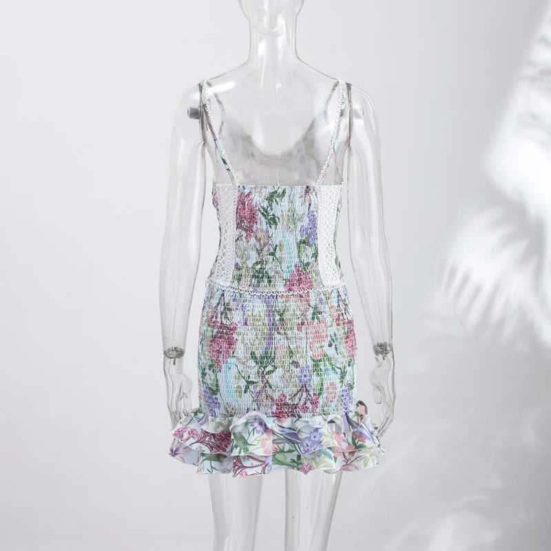 Floral Ruffle Mini Skirt Set With Lace Trim Top For Women
