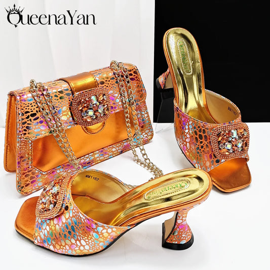 QueenaYan 2025 Fashion Newest Arrival Orange Color Square Toe Women Sandals Shoes Matching Bag Set for Ladies Wedding Party Pump