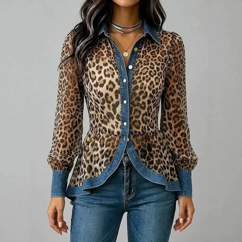 Leopard Print Chiffon Peplum Long Sleeve Blouse for Women