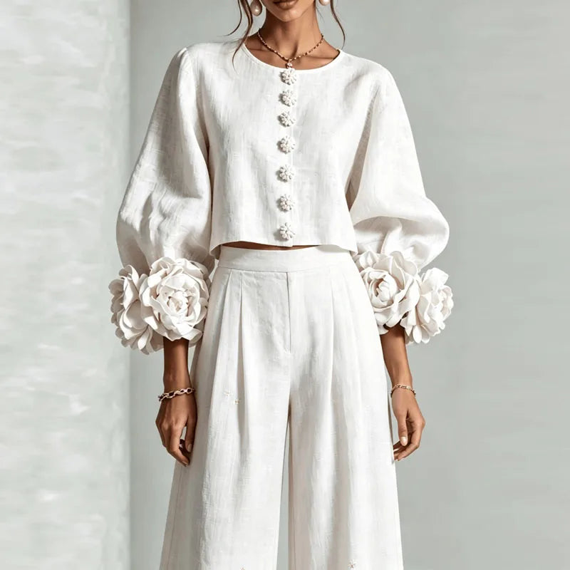 Puff Sleeve Floral Crop Top and Wide Leg Pants Set for Women