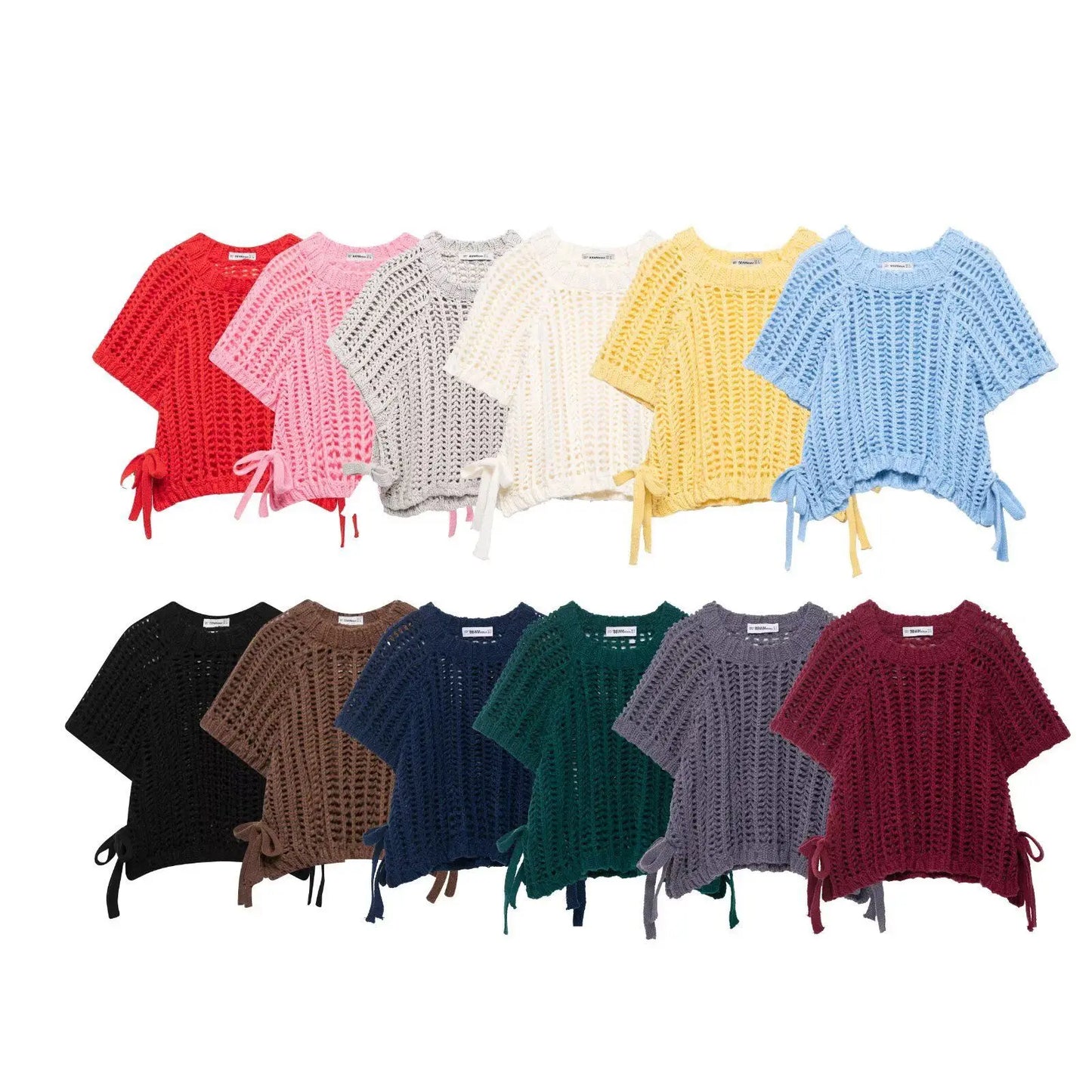 Soft Crochet With Side Bow Short Sleeves Knit Top For Women