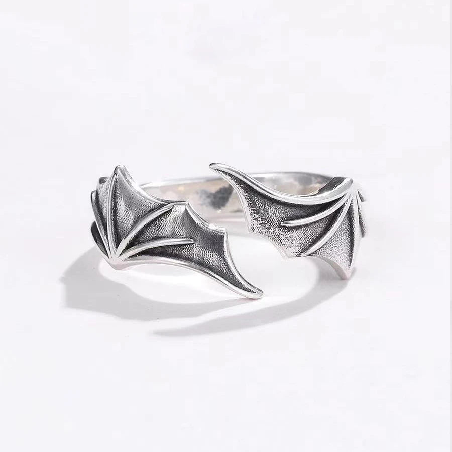 Silver Tone Angel Demon Wing Ring Set