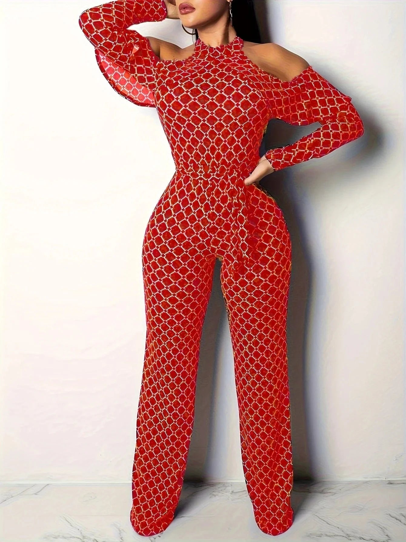 Plaid Print Rompers Womens Jumpsuit Off Shoulder Ruffles Long Sleeve Bandage Overall Elegant Belted Plus Size Wide Leg Bodysuit