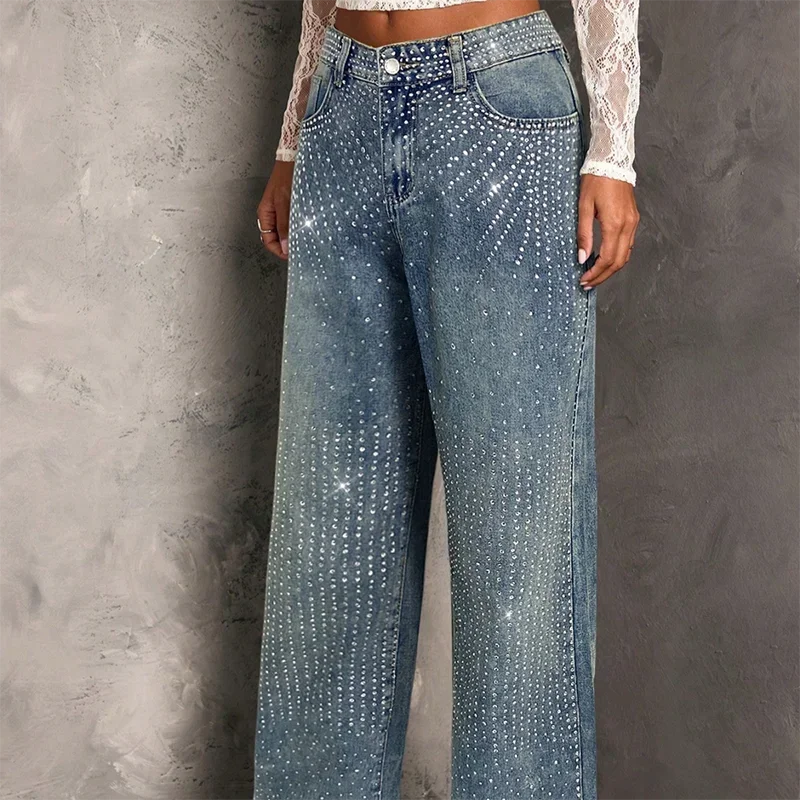 Rhinestone Decor High Waist Stretch Denim Jeans for Women