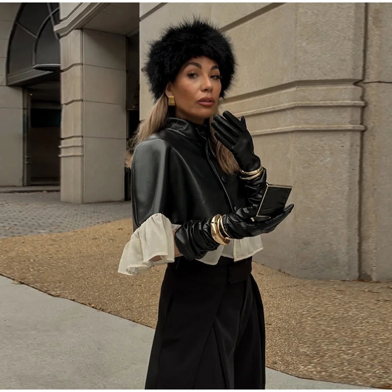 Elegant Mesh Patchwork Short Cape Coat With Stand Collar for Women