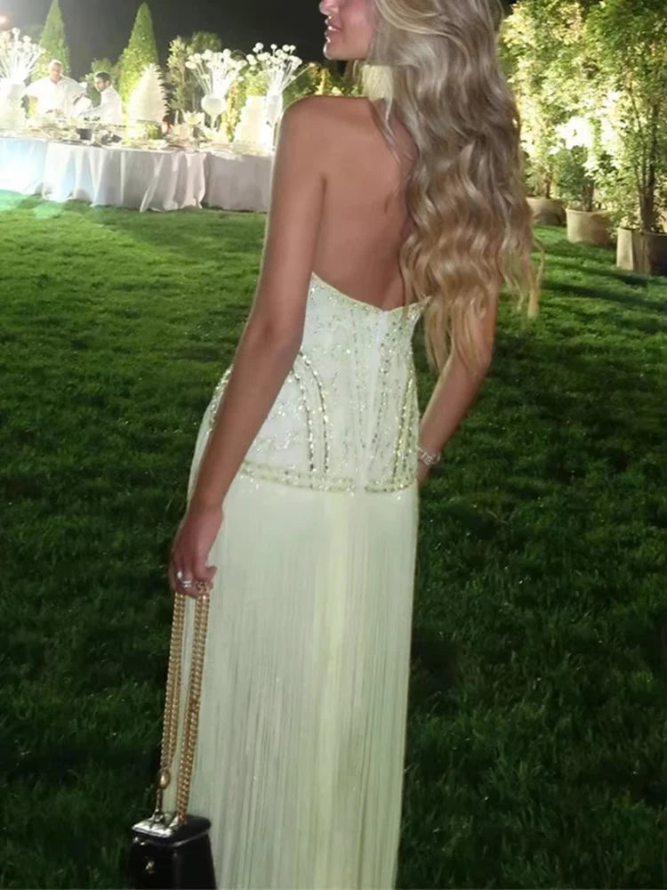 Women Sexy Backless Hollow Sequin Gowns 2026 Elegant Halter Sleeveless Long Dress Fashion Tassel Splicing Waist Slim Party Dress