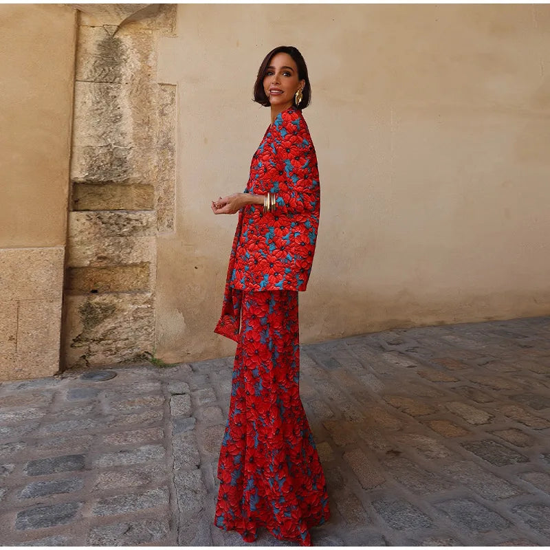 Printed Halter Neck Maxi Dress and Cropped Jacket Set for Women