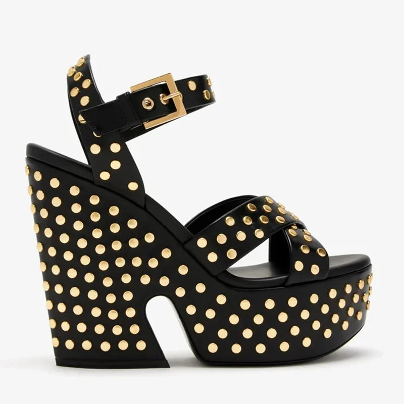 Gold Rivet High Heel Platform Leather Sandals for Women