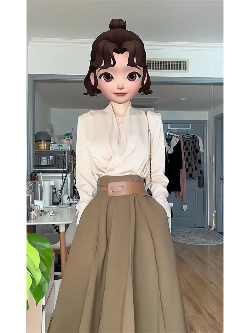 Women's skirt suit women's spring new casual temperament Joker shirt women's high waist A-shaped skirt two-piece suit