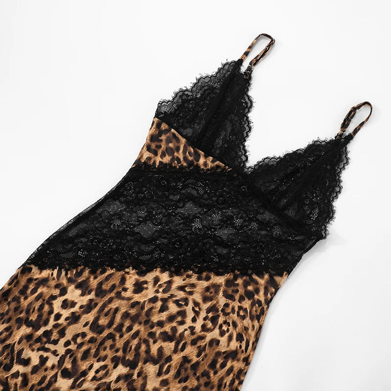 Weird Puss Mesh Patchwork Mermaid Dress Women Leopard Print Sexy Low-Neck Cleavage Backless Ruched Midnight Fashion Long Bodycon