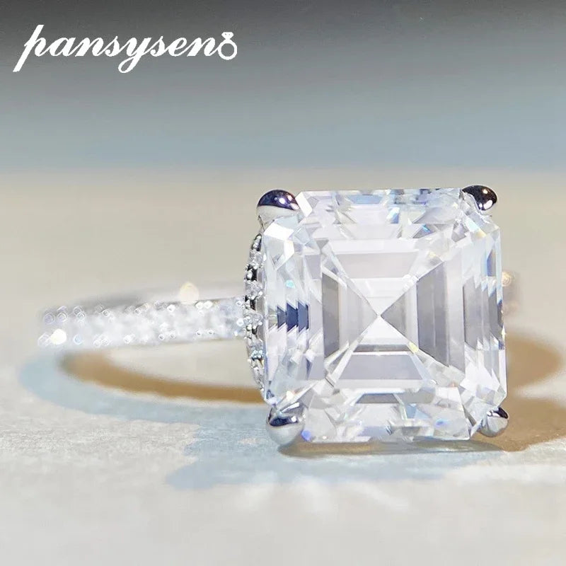 PANSYSEN Luxury 925 Sterling Silver 9*9MM Asscher Cut Real Moissanite Wedding Engagement Ring 18K White Gold Plated Fine Jewelry