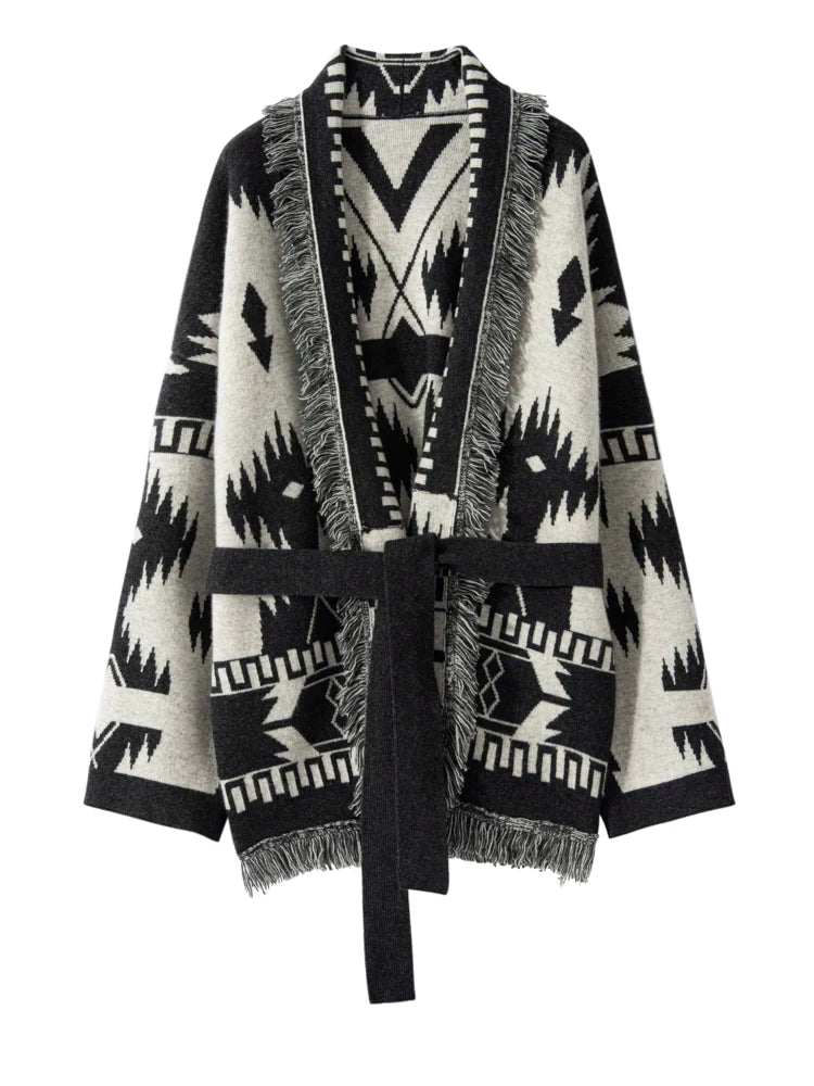 Luxury Women Vintage Tassels Cardigan 100% Cashmere Knit Jacquard Sweater Coat Autumn Winter High Quality Female Clothing Tops