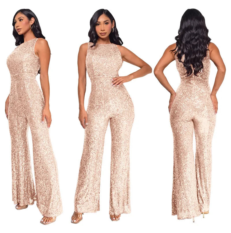 Elegant Silver Sequined Straight Cut Jumpsuit for Women