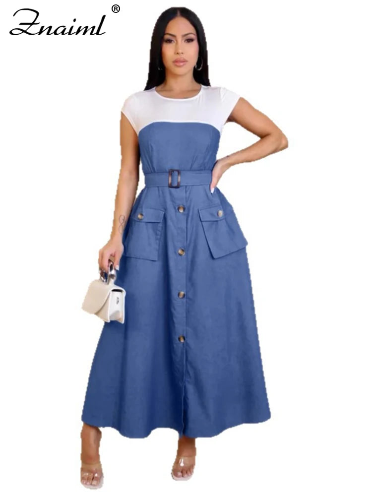 Znaiml Fashion Short Sleeve Pocket White Blue Denim Patchwork A-Line Dresses with Belt Woman Summer Elegant Bodycon Jean Dress