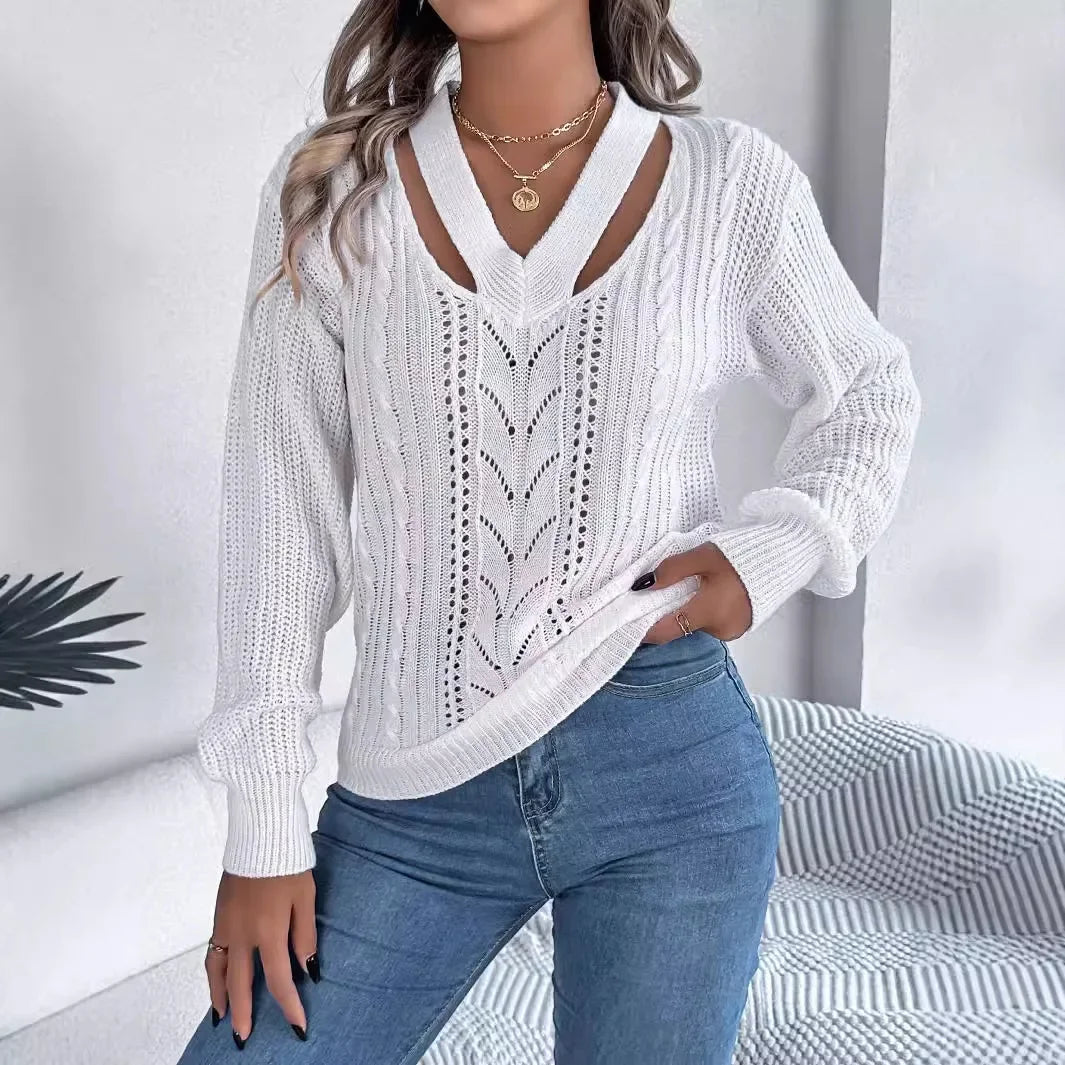 Casual Sweater Women Streetwear Hollow V-neck Elegant Lantern Sleeve Head Tops 2024 Autumn/Winter New Long Sleeved T-shirt Y2k