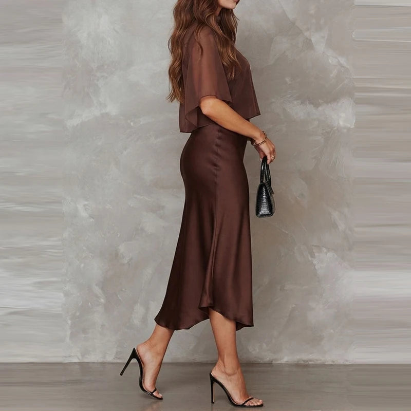 Women's Casual Sleeveless Silk Chiffon Skirt Sets Elegant Sheer Solid Mermaid Suits Sexy V-neck Sling Long Dress & Cape Outfits