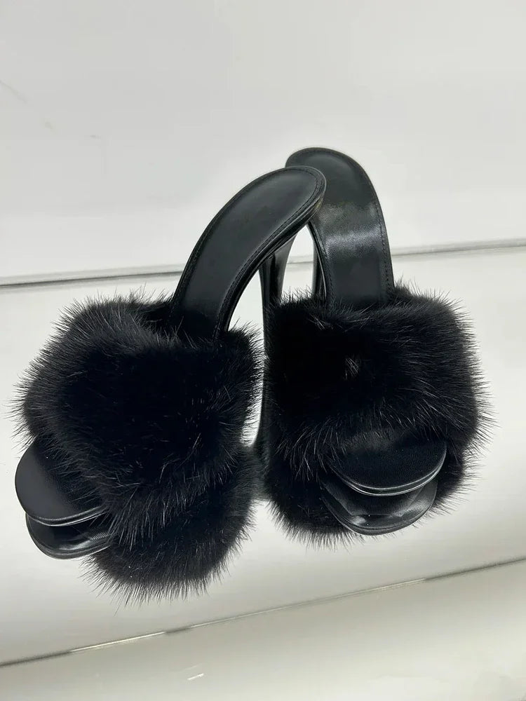 Fur Trim Open Toe Stiletto Party Sandals for Women