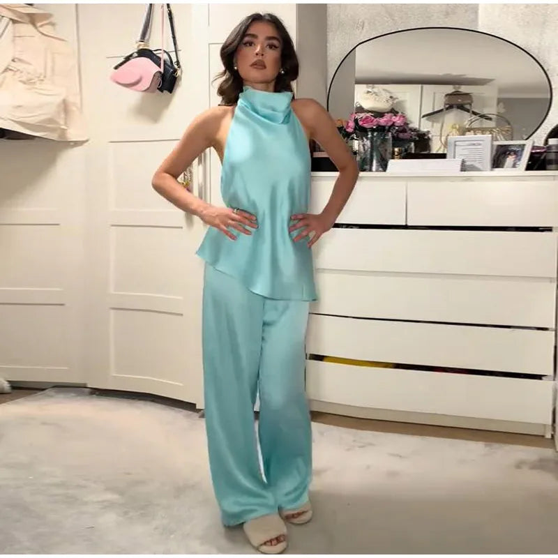 Turquoise Satin Cowl Neck Halter Top And Wide Leg Pants 2 Piece Set For Women