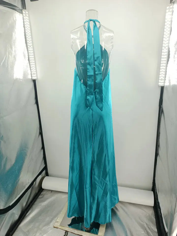 Backless Halter Neck Satin Evening Dress for Women