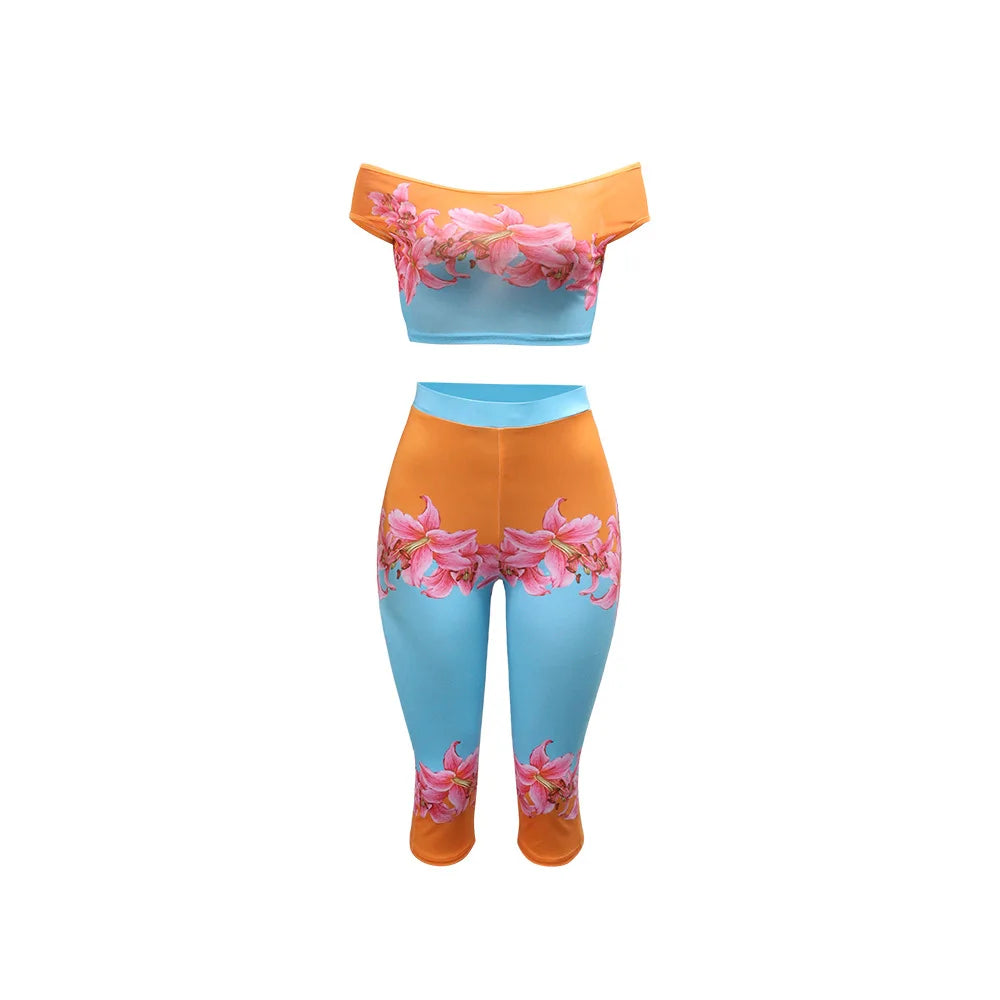 Casual Floral Print Off Shoulder Two Piece Set for Women