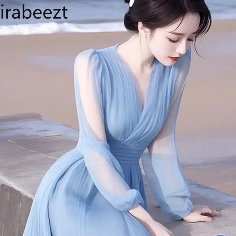 Elegant Blue Chiffon Ankle Length Flowing Dress For Women