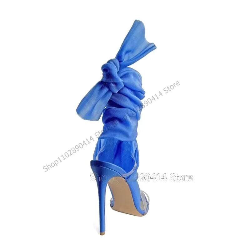 Blue Mesh PVC Hollow Cut Heel Open Toe Back Strap Sandals for Women