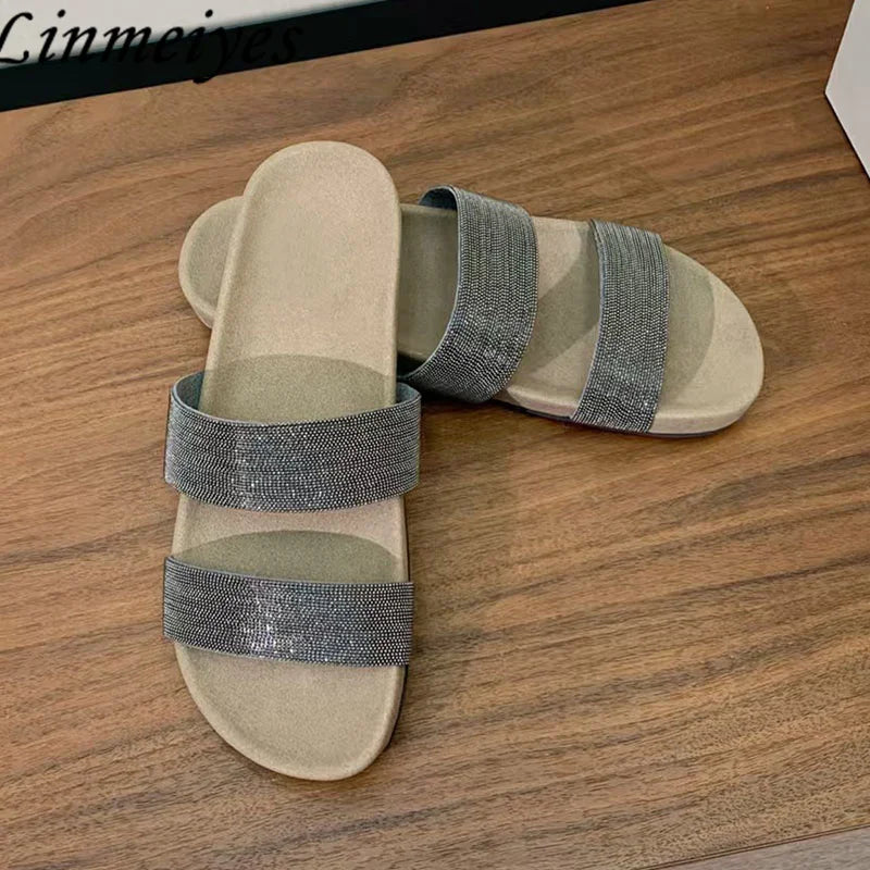 Cow Suede Bead Chain Narrow Strap Slippers for Women