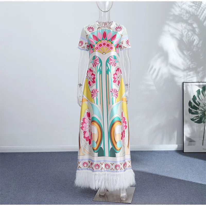 Elegant Floral Print Feather Hem Maxi Dress For Women