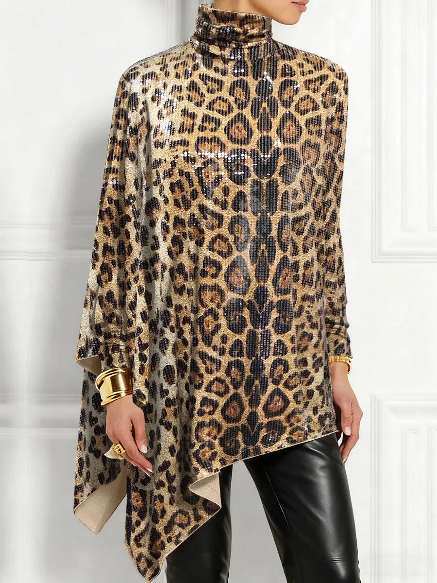 Elegant Leopard Sequin High Neck Long Sleeve Blouse for Women