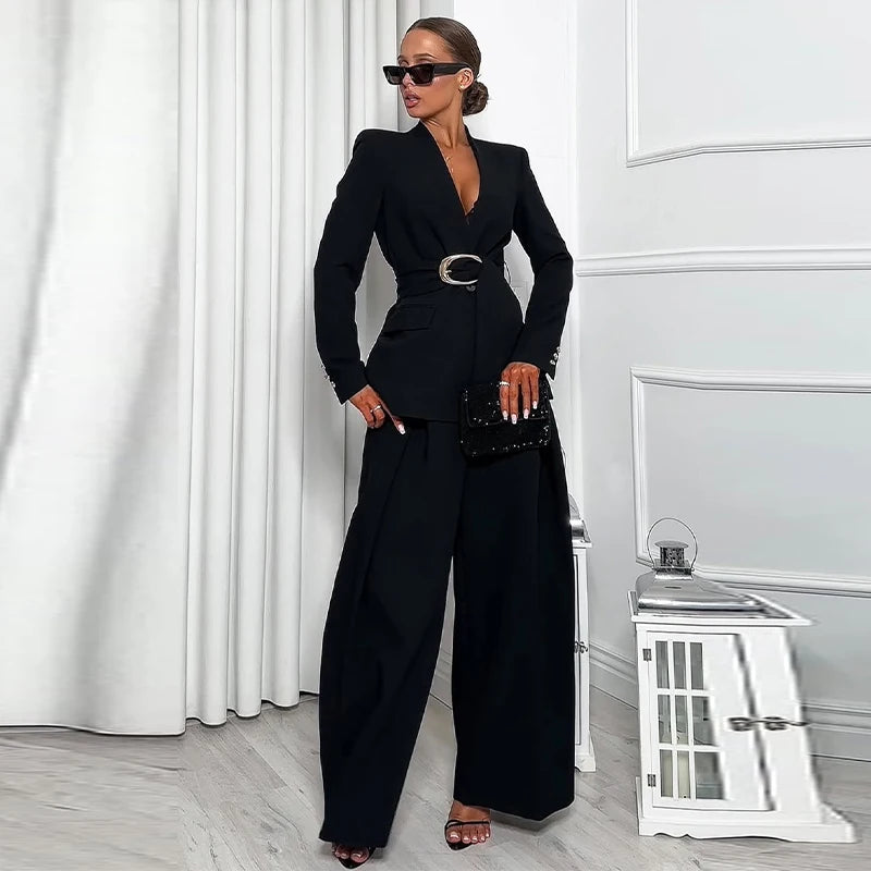 Elegant Solid Two Piece Blazer Pants Set for Women