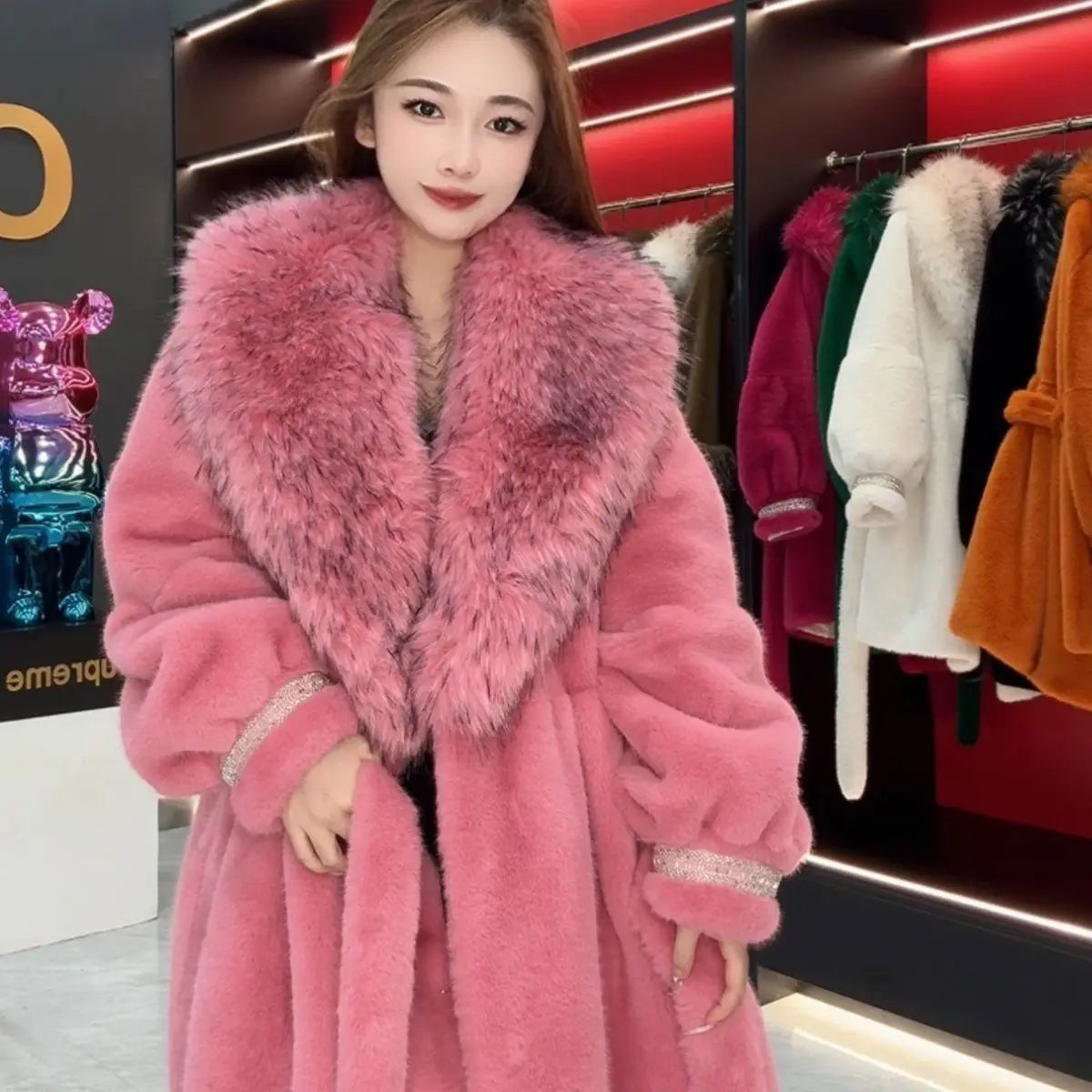 Faux Fur Coat for Women,Turn-down Collar,Loose Thicken Warm Jacket,Female Clothes,Adjustable Waist,New ,Winter