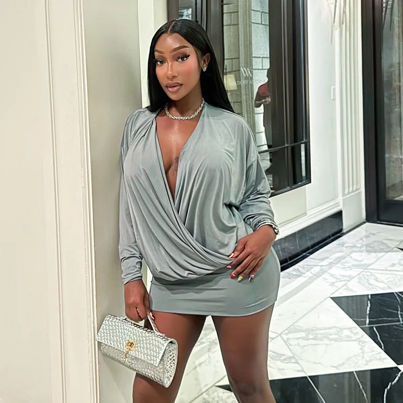 Solid Color Long-Sleeved V-Neck Mini Dress for Women