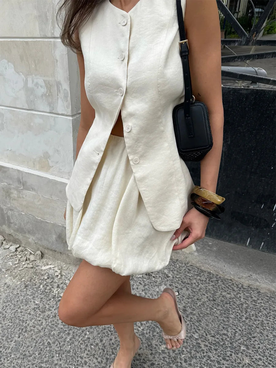 Casual Cotton Sleeveless Mini Skirt And Top Set for Women