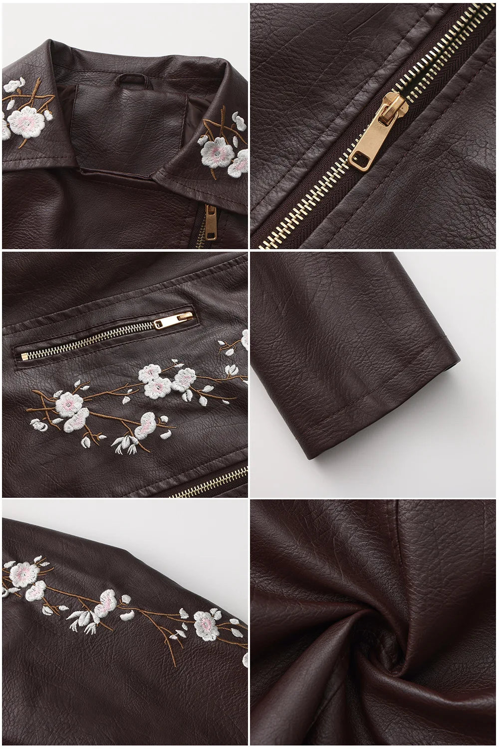 Embroidered Faux Leather Motorcycle Jacket for Women