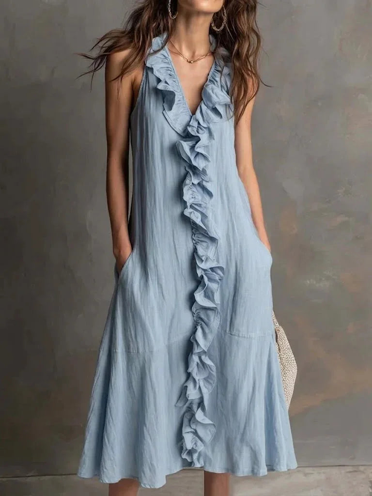 Solid Color Ruffle Trim V Neck Sleeveless Midi Dress with Pocket for Women