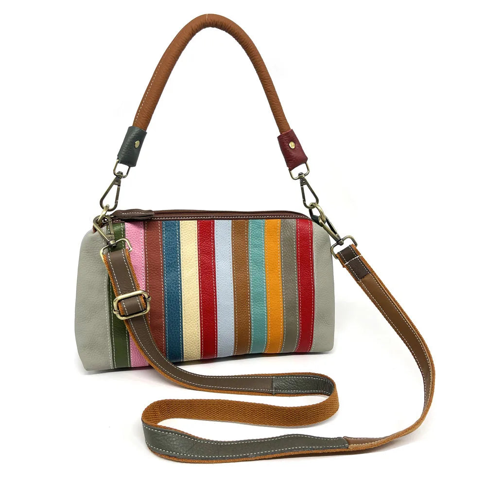 Leisure and versatile women's bag colorful leather splicing strip bag seven color rainbow bag, single shoulder crossbody handbag