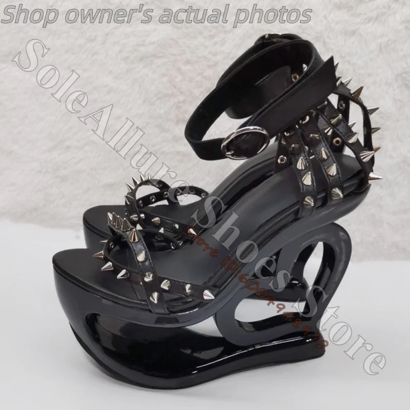 Glossy Patent Leather Spiked Heart Cage Wedge Sandals For Women