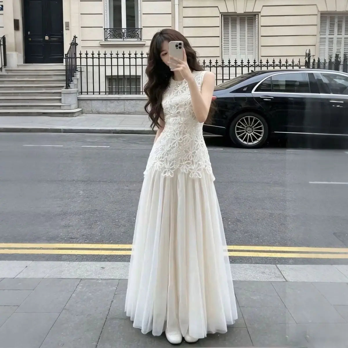 Regular Fit Crew Neck Embroidered Summer Midi Dress for Women