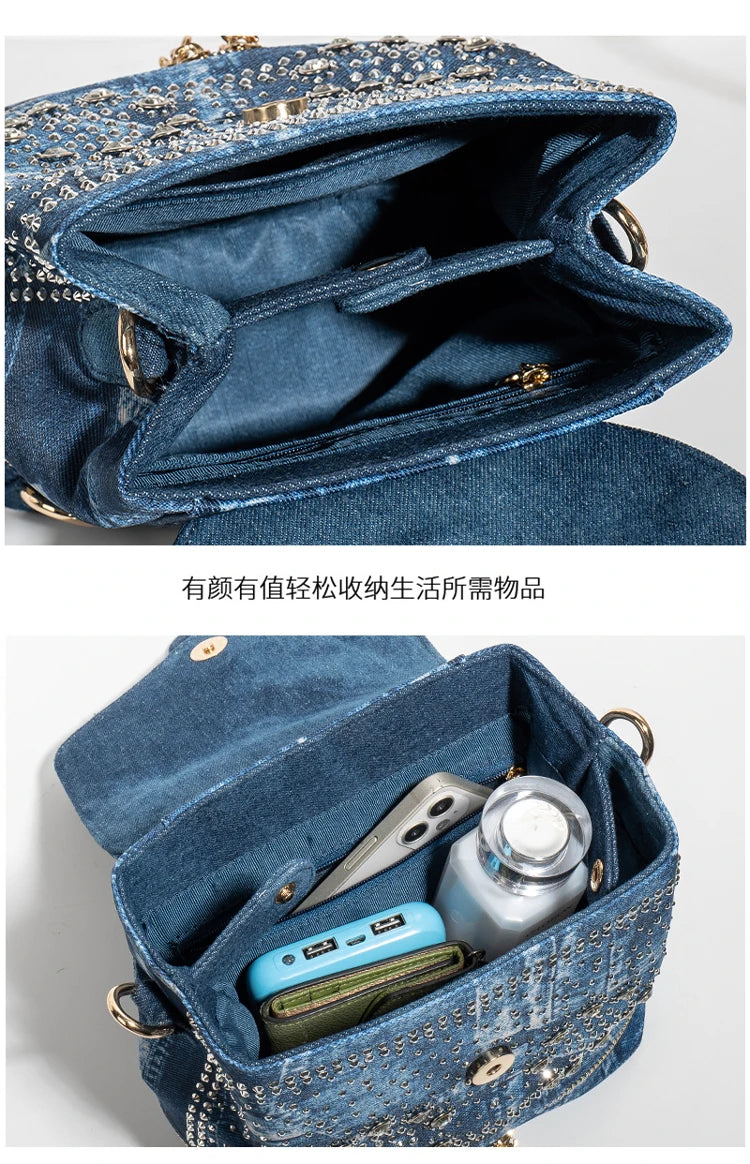 Diamond Embellished Denim Multiway Backpack for Women