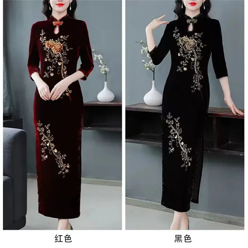 Spring Autumn Women New Embroidered Gold Velvet Cheongsam High-end Temperament Fashionable Wedding Dress Slim Bag Hip Slit Skirt