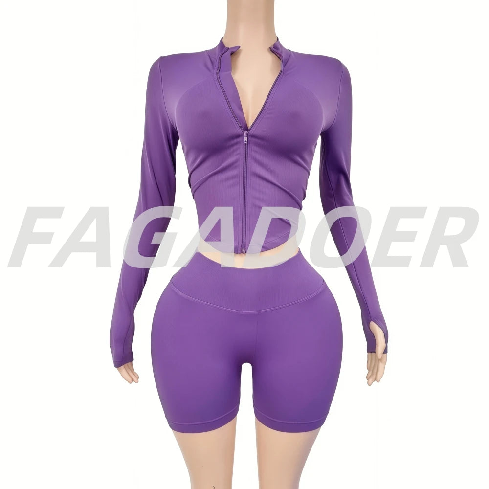 FAGADOER Fashion Sports Two Piece Outfits Woman Long Sleeve Zipper Jacket and High Waist Leggings Jogger Female Streetwear New