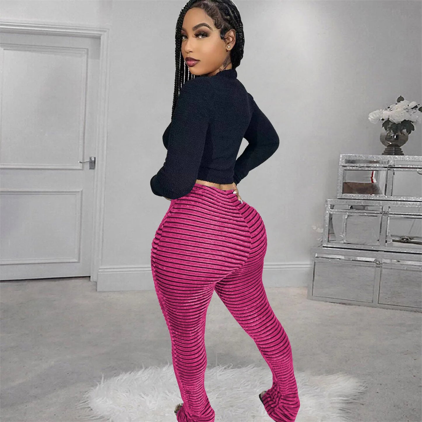 FAGADOER Stripe Plush Stacked Pants Women Casual Solid Color Fur Patchwork Flare Trousers Y2K Female Streetwear Bottoms 2025 New