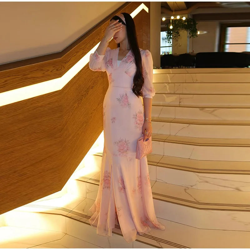 Elegant Print Pleated Puff Sleeve V Neck Long Dress for Women