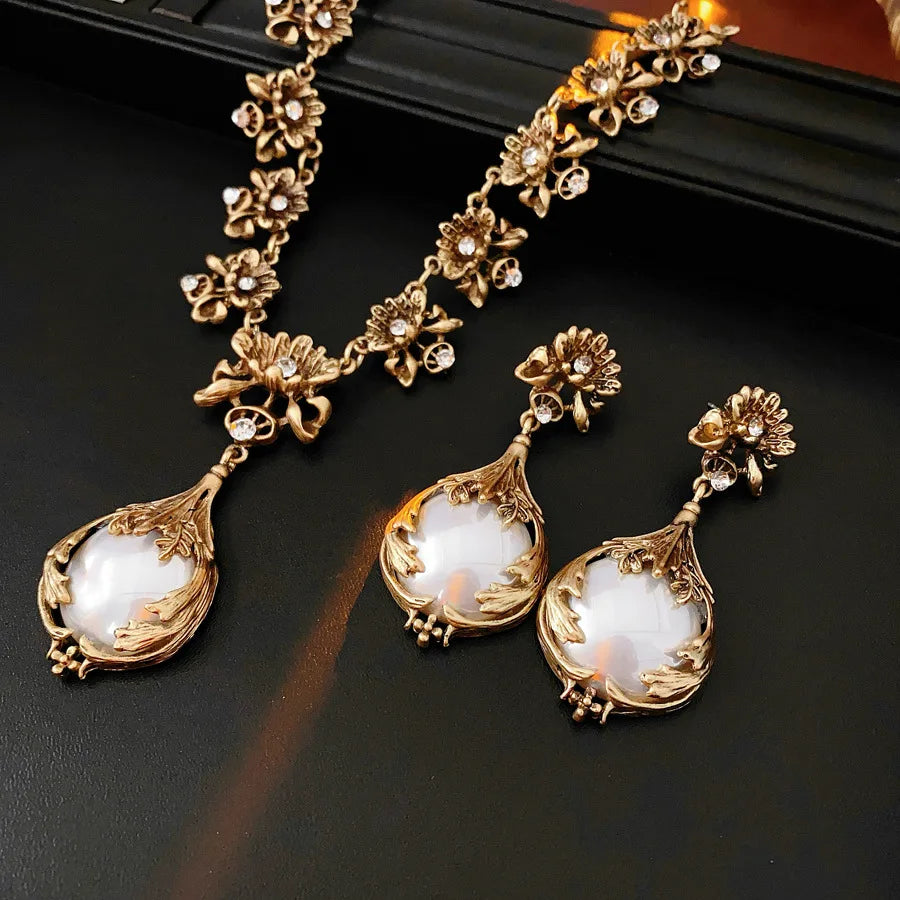 Pearl Flower Necklace And Earring Set